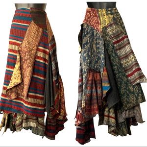 Kathmandu Asymmetrical Wool Tapestry Layered Patchwork Boho Skirt Sz Lg.